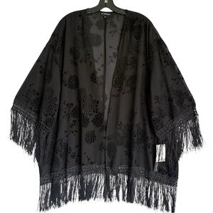 My Michelle Black Lace & Fringe Open Front Kimono Cardigan Size Large NWT